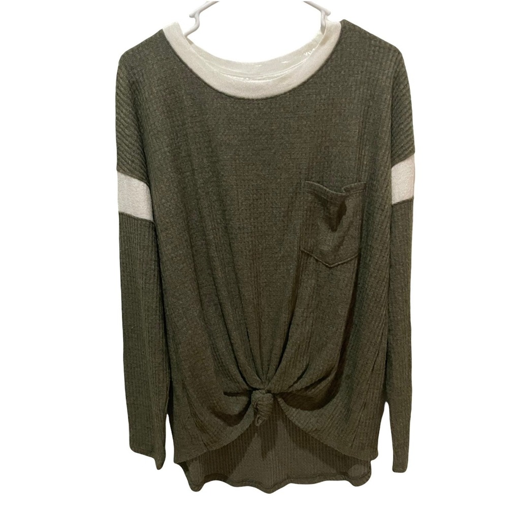 SO Olive Green Waffle Knit Front Knot Long Sleeve Top with Sleeve Stripes